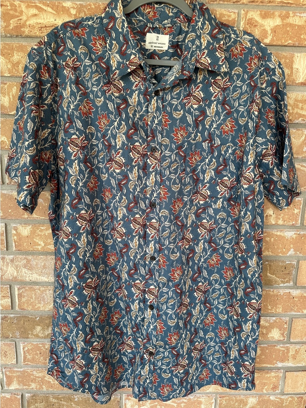Mutual Weave Floral Short Sleeve Button Down Shirt Blue XLT